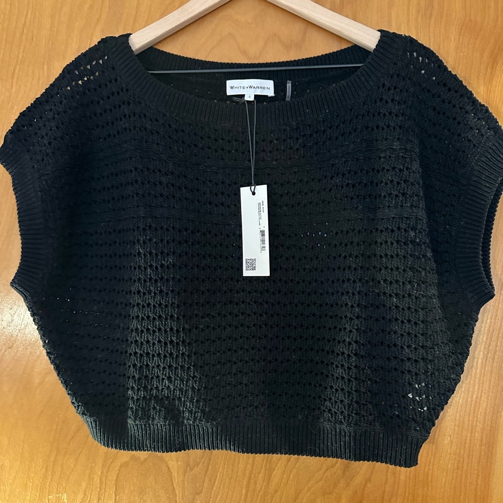 White + Warren Mercerized Cropped Beachy Pullover in Black Size Small NWT
